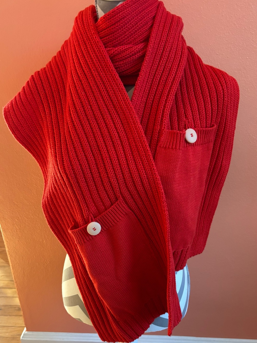 Atelier Delphine 90” Baby Alpaca Cotton Rib Knit Pocket Scarf Wrap Red